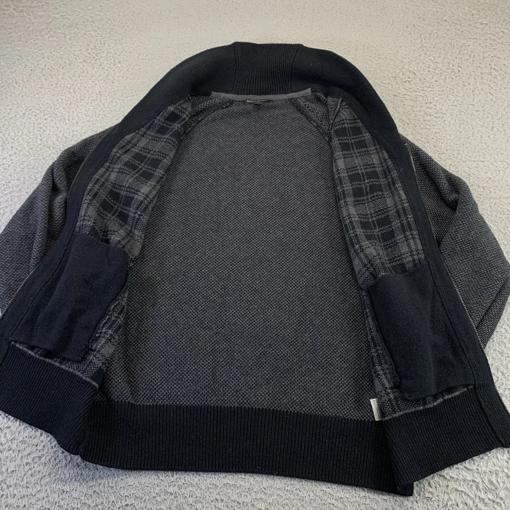 Banana Republic Knit Sweater Mens Large Full Zip Shawl Collar Black Plaid Casual